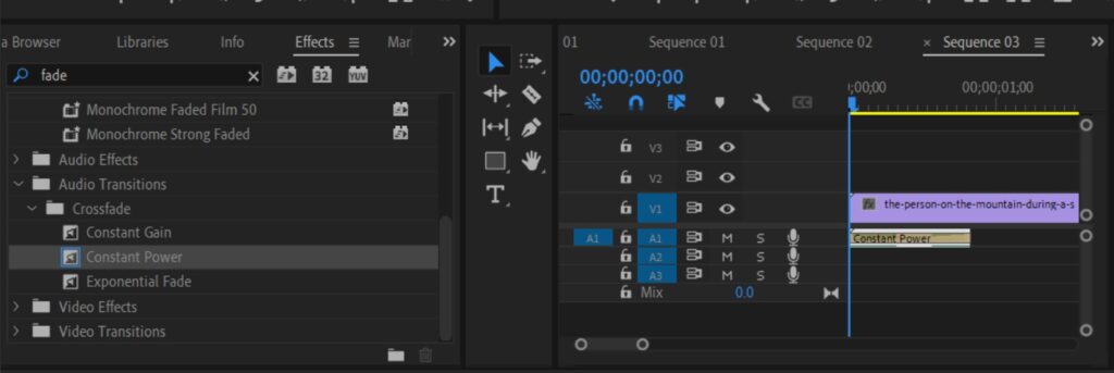Screenshot of the Effects window in Premiere Pro showing the Constant Power effect for fading audio transitions.