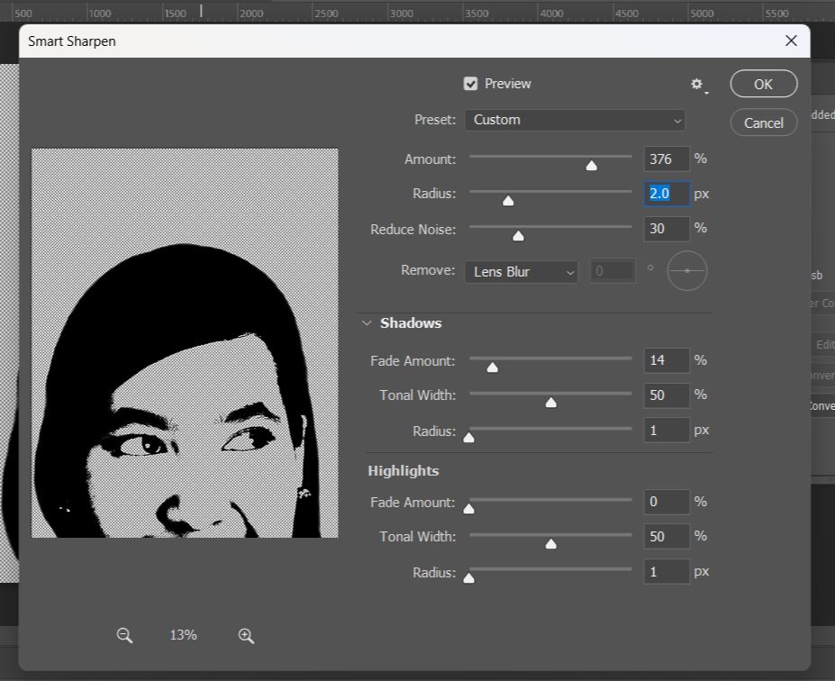 Image of the Smart Sharpen settings menu in Photoshop.