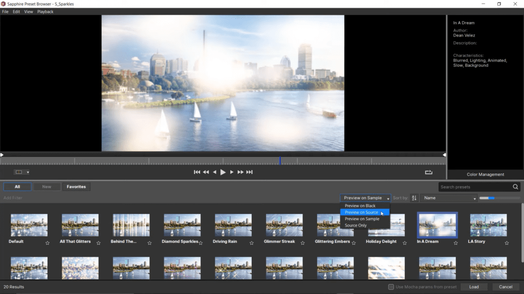 A screenshot of a sample of Sapphire's extensive effects library within DaVinci Resolve.