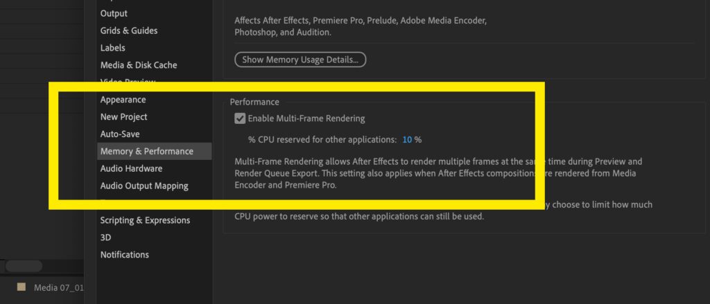 Screenshot of the Memory and Performance settings in After Effects with Enable Multi-Frame Rendering selected.