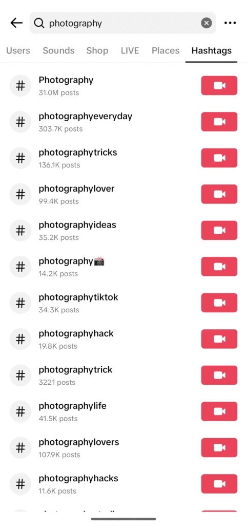 Screenshot of the top photography related hashtags on TikTok.