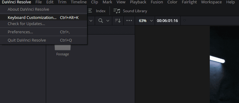 Screenshot of the DaVinci Resolve > Keyboard Customization.... menu drop-down.