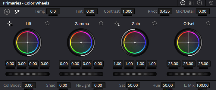 A screenshot of the Primaries - Color Wheels tab in DaVinci Resolve.