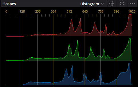 A screenshot of DaVinci Resolve's Histogram, showing the color distribution throughout an image.