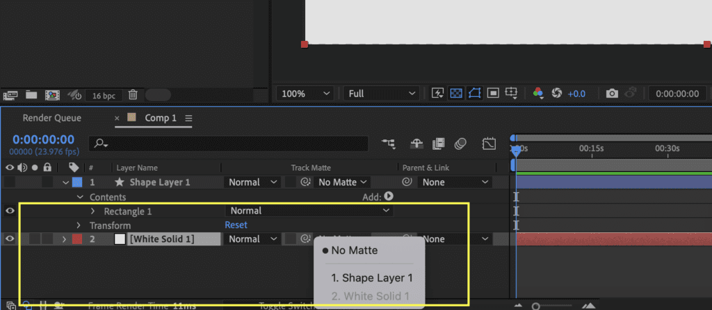 Screenshot of the track matte drop down for a shape layer mask