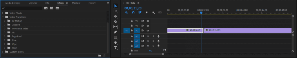 Screenshot of Premiere Pro's Effects panel showing the main types of video transitions.