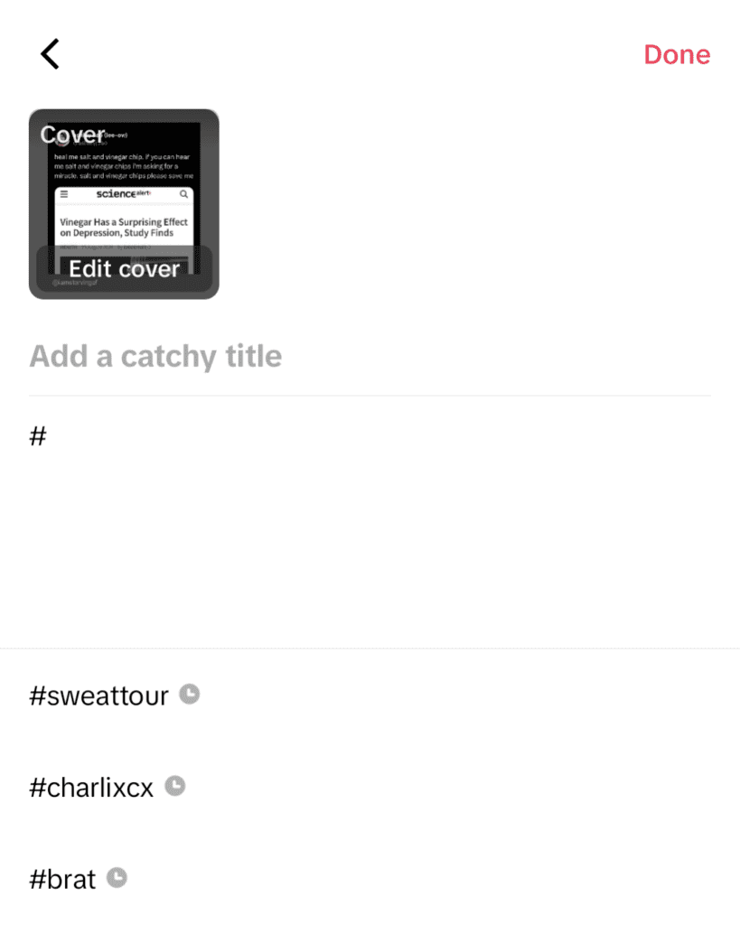 How to add hashtag to TikTok video, screenshot of where hashtags can be added into the description of a TikTok